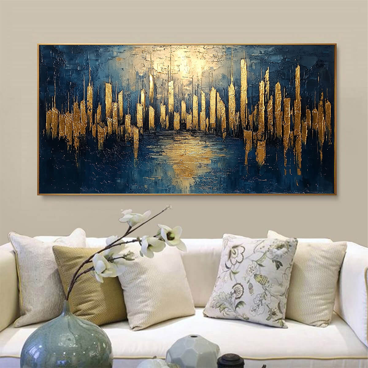 Moody Abstract City Painting | Blue and Gold Wall Art