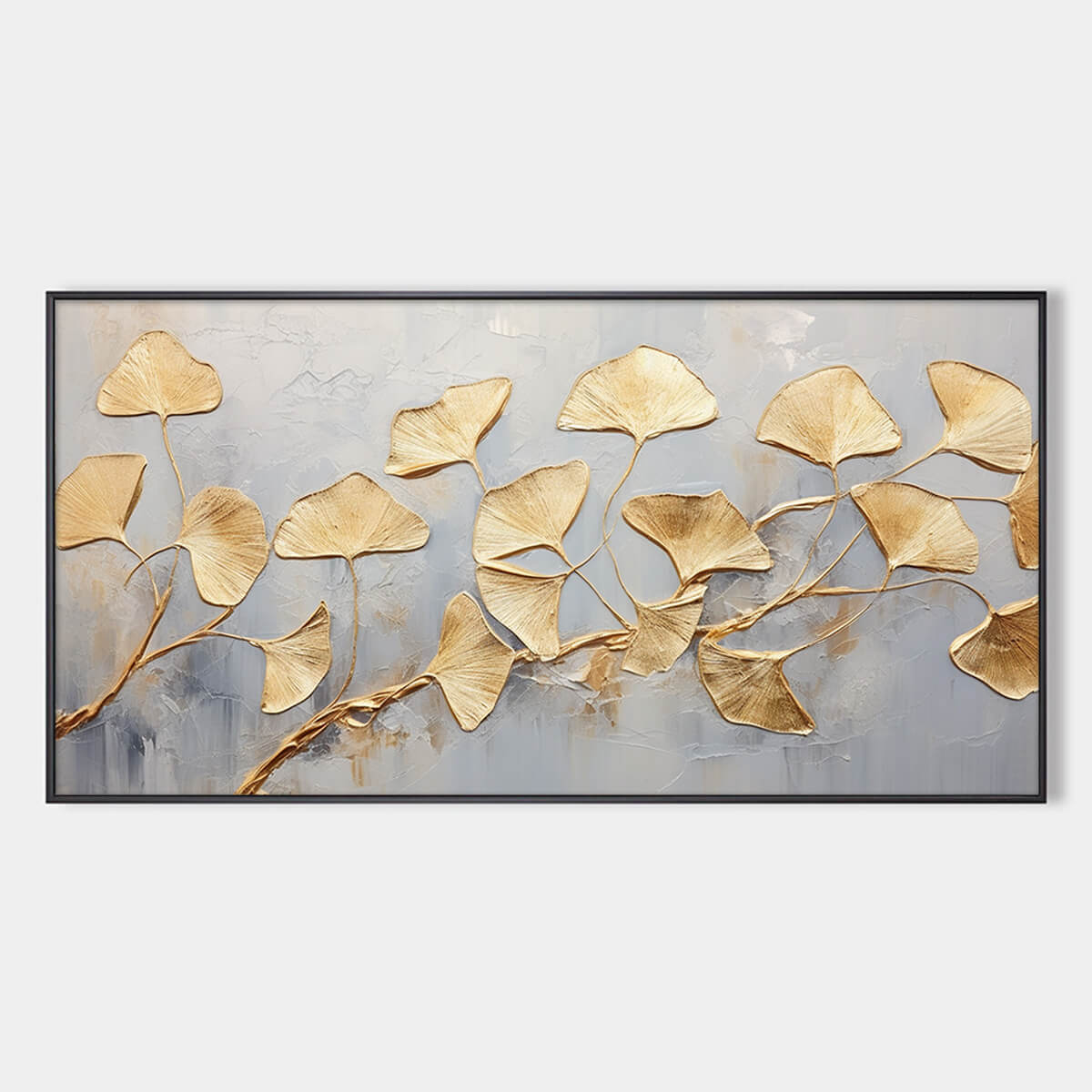Golden Ginkgo Leaf Canvas Wall Art - Panoramic Grey & Gold Print #AA 332