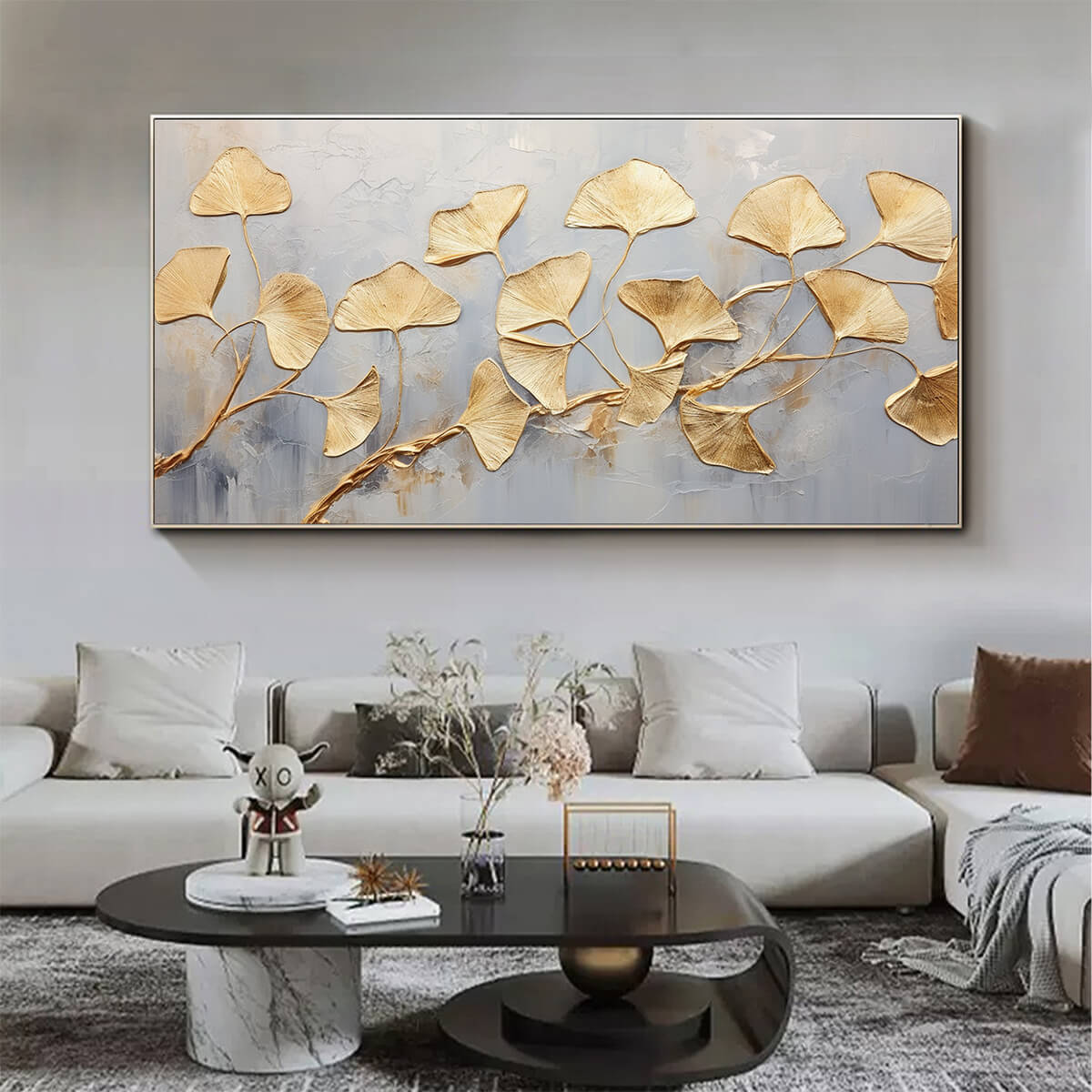 Golden Ginkgo Leaf Canvas Wall Art - Panoramic Grey & Gold Print #AA 332