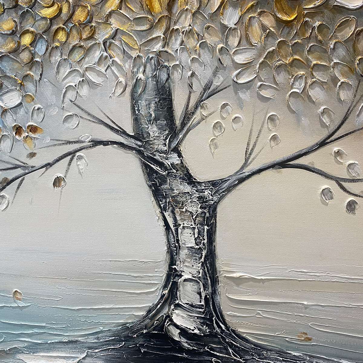 Large Abstract Tree Wall Art | Gold and Grey Textured Painting #TC 246