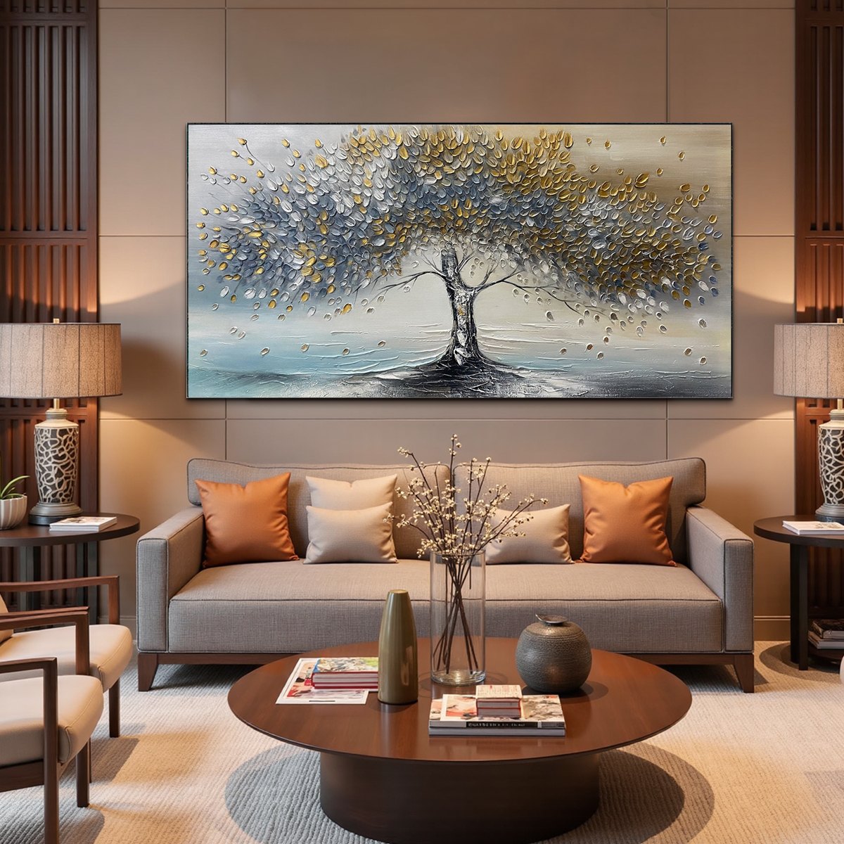 Large Abstract Tree Wall Art | Gold and Grey Textured Painting #TC 246