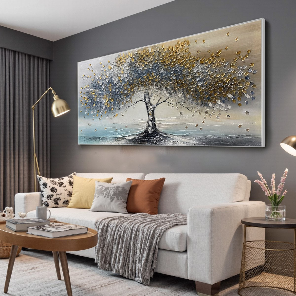 Large Abstract Tree Wall Art | Gold and Grey Textured Painting #TC 246