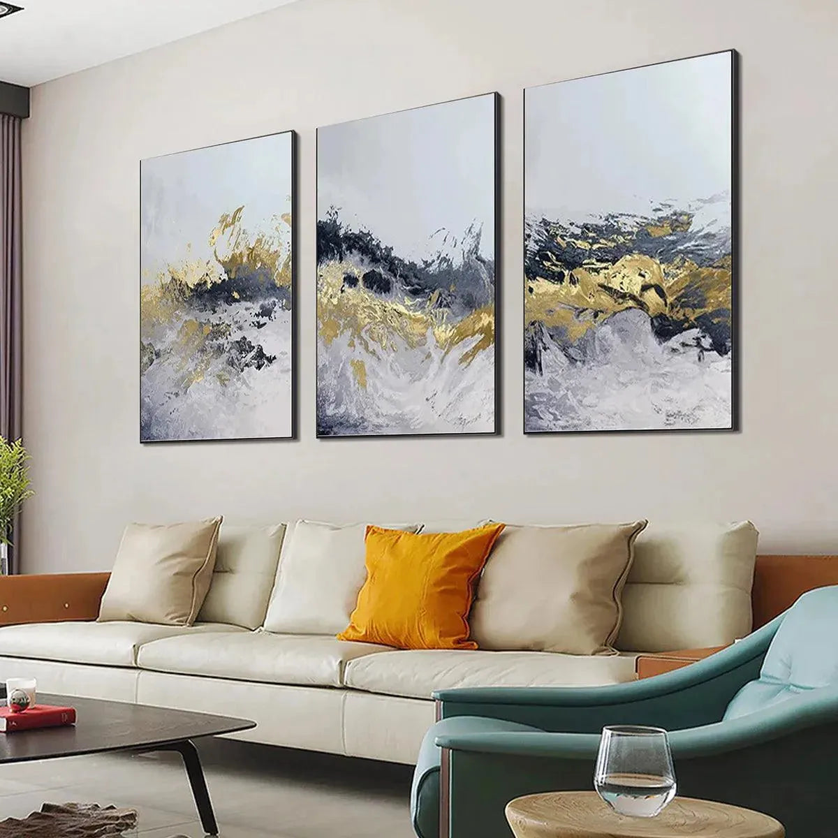 Modern Luxury Black, White & Gold Canvas Art | Gold Foil Triptych #AA