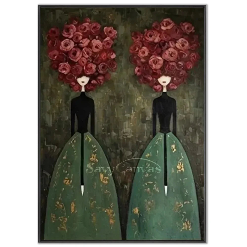 Hand-painted abstract expressionist oil painting featuring two twin figures in green gowns with red floral headpieces against a textured background by Savy Canvas.