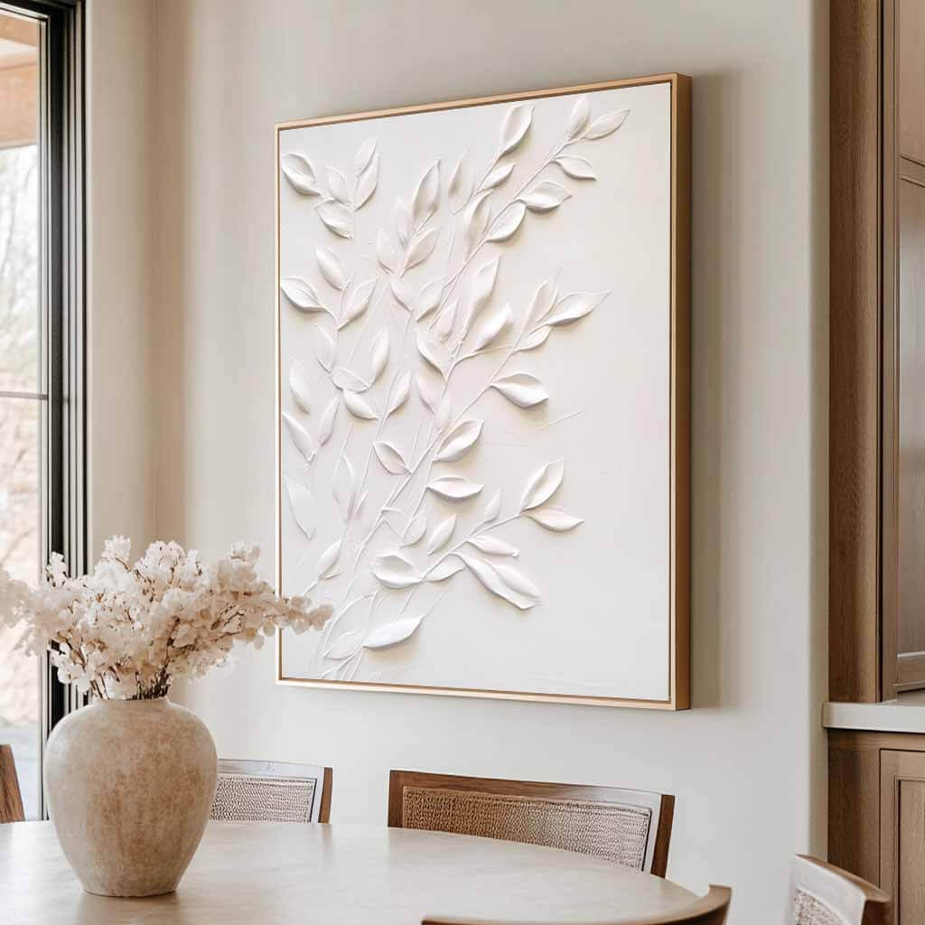 3D Textured White Leaf Wall Art | Minimalist Plaster Style Decor #AA 318
