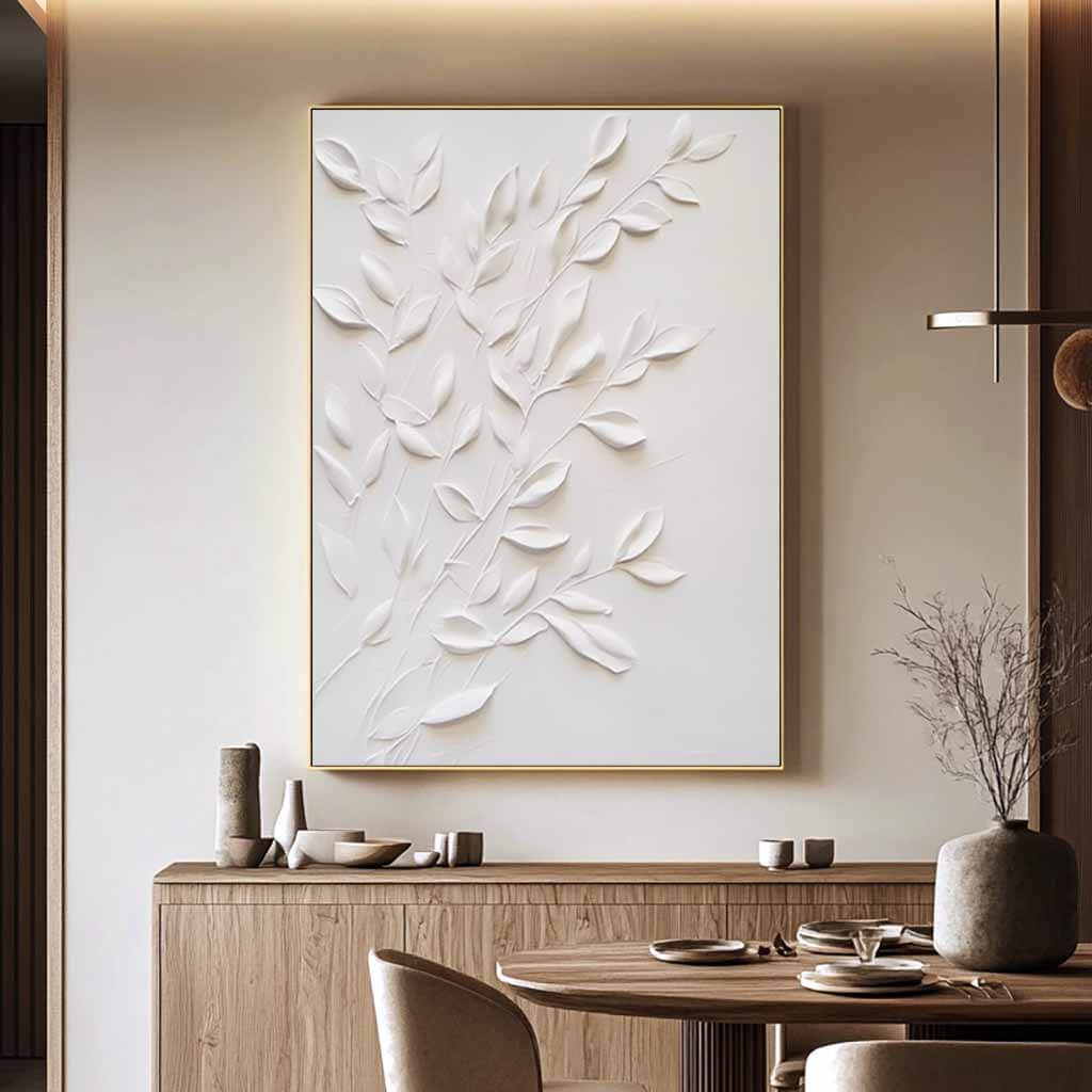 3D Textured White Leaf Wall Art | Minimalist Plaster Style Decor #AA 318