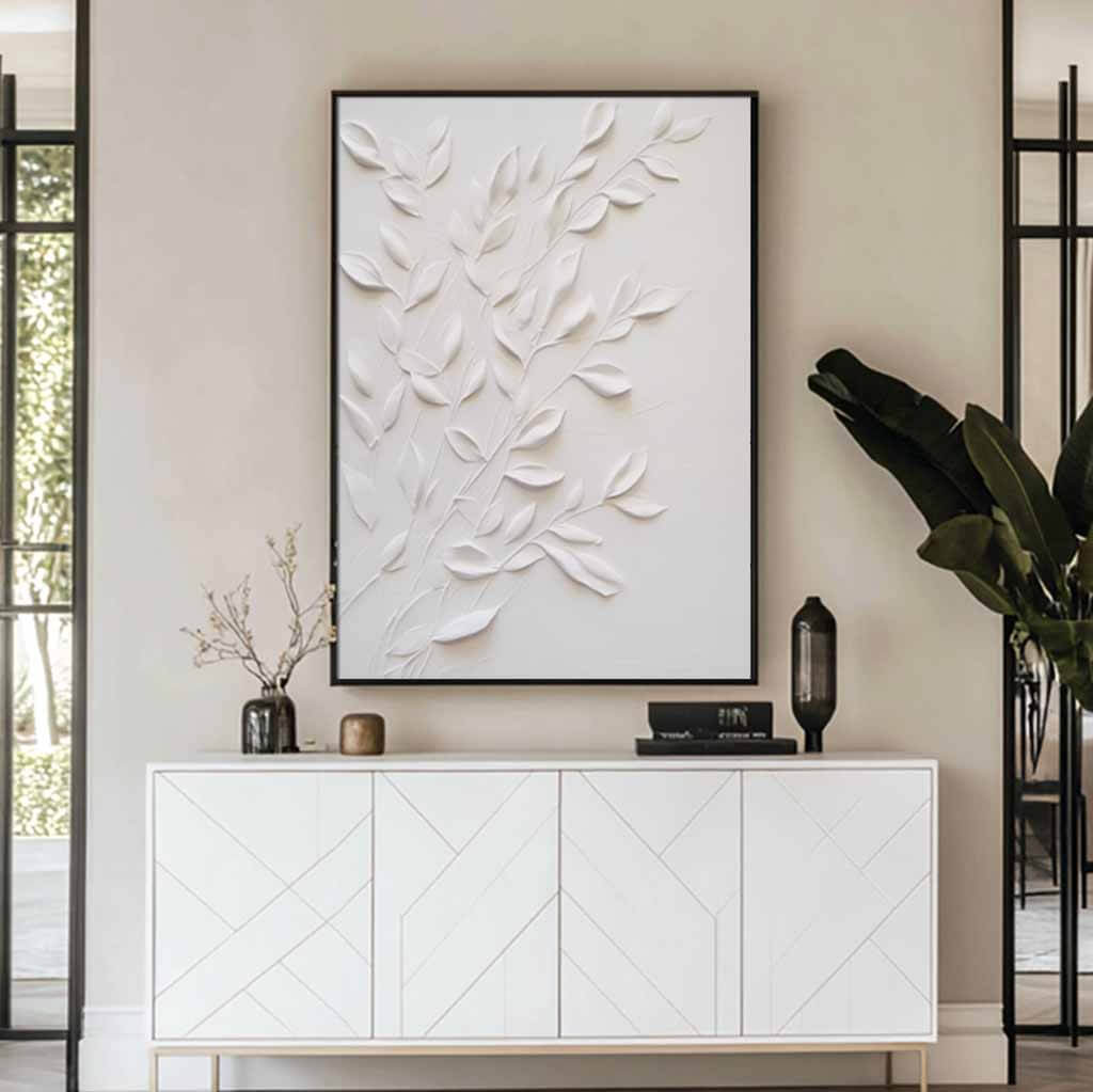 3D Textured White Leaf Wall Art | Minimalist Plaster Style Decor #AA 318