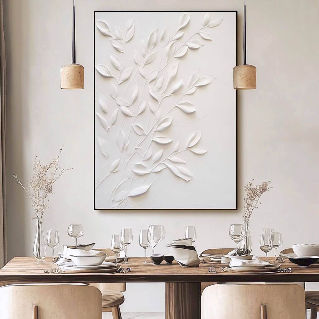 3D Textured White Leaf Wall Art | Minimalist Plaster Style Decor #AA 318