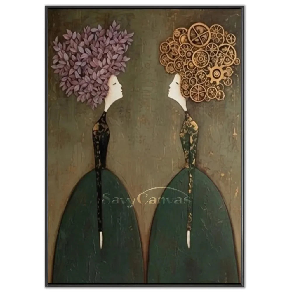 Hand-painted abstract expressionist oil painting featuring two twin figures in green gowns with purple floral and mechanical gear headpieces against a textured background by Savy Canvas.