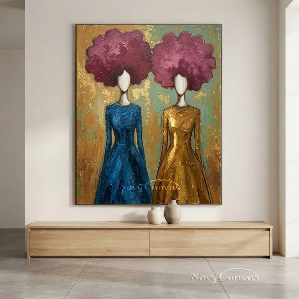 Blue and Gold Floral Abstract Figures Art #SS 297