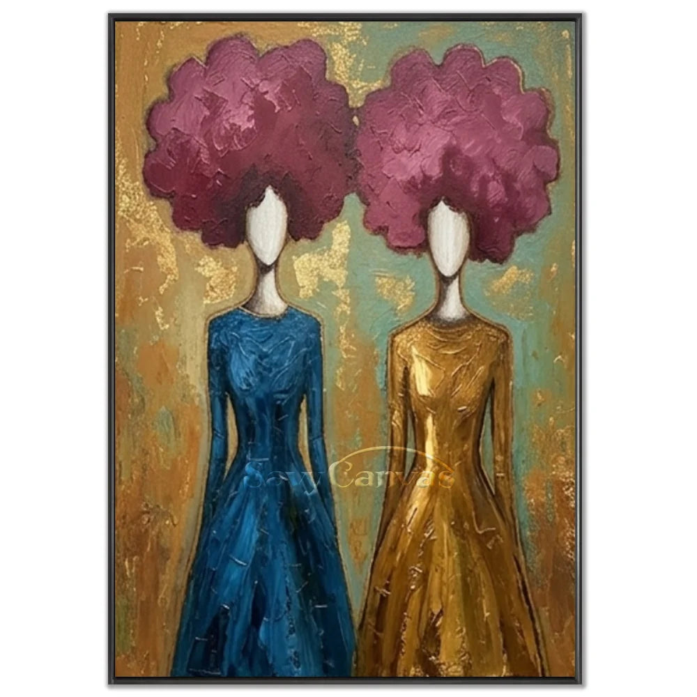 Hand-painted abstract expressionist oil painting featuring two twin figures in blue and gold gowns with purple-red floral headpieces against a shimmering textured background by Savy Canvas.