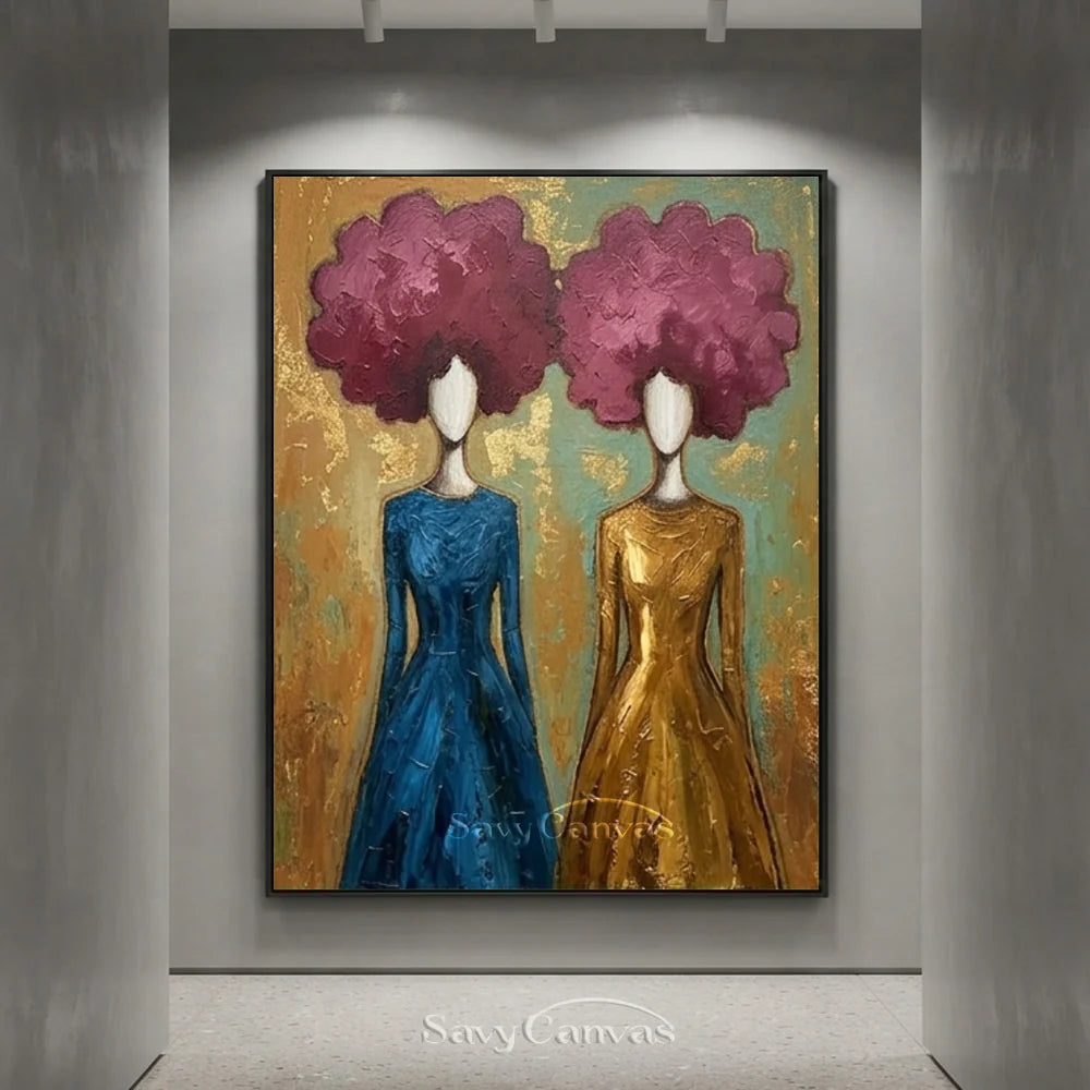 Blue and Gold Floral Abstract Figures Art #SS 297