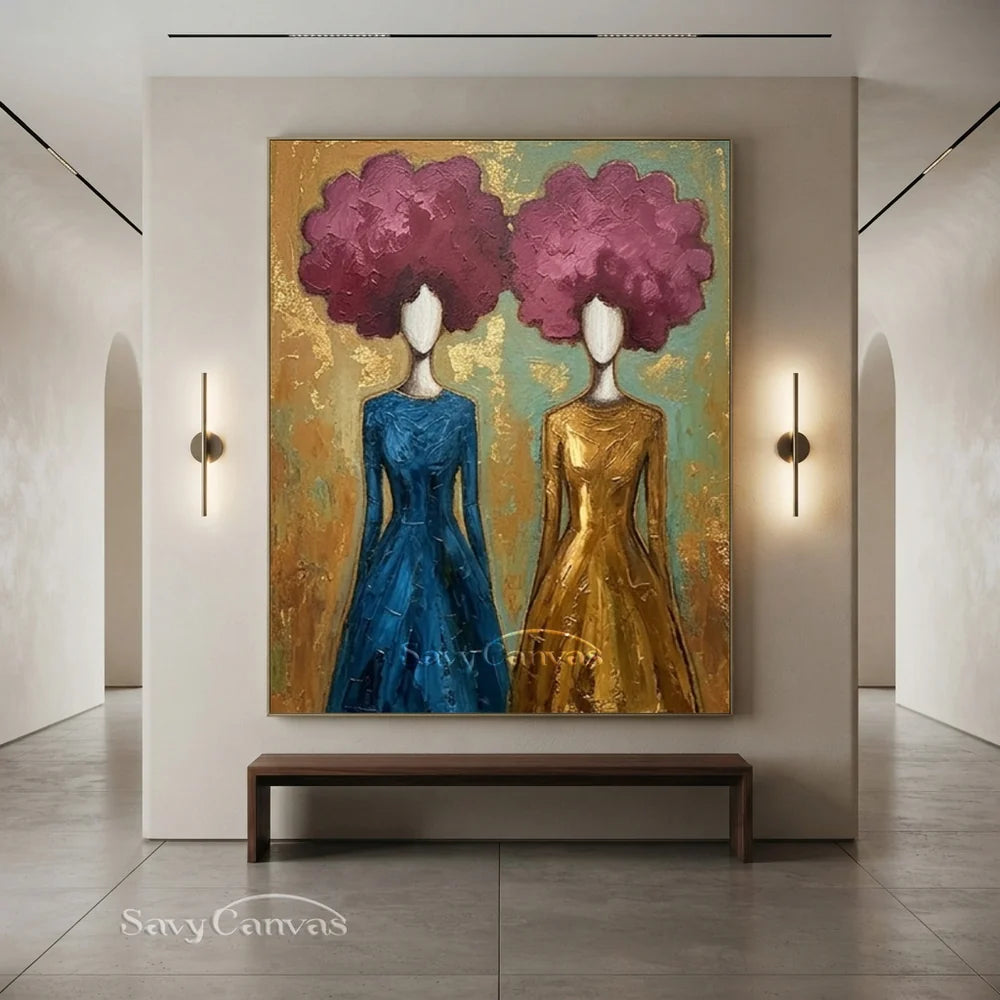 Blue and Gold Floral Abstract Figures Art #SS 297
