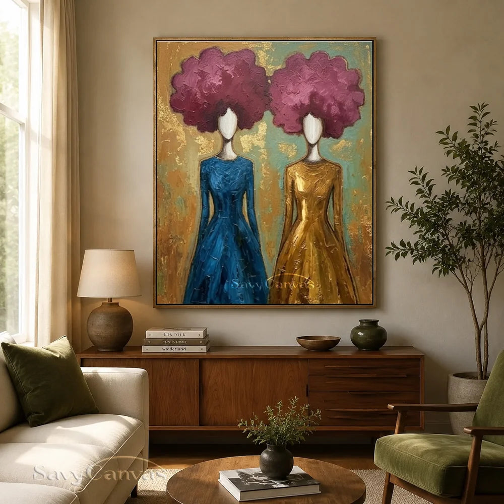 Blue and Gold Floral Abstract Figures Art #SS 297