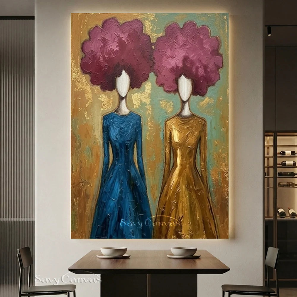Blue and Gold Floral Abstract Figures Art #SS 297