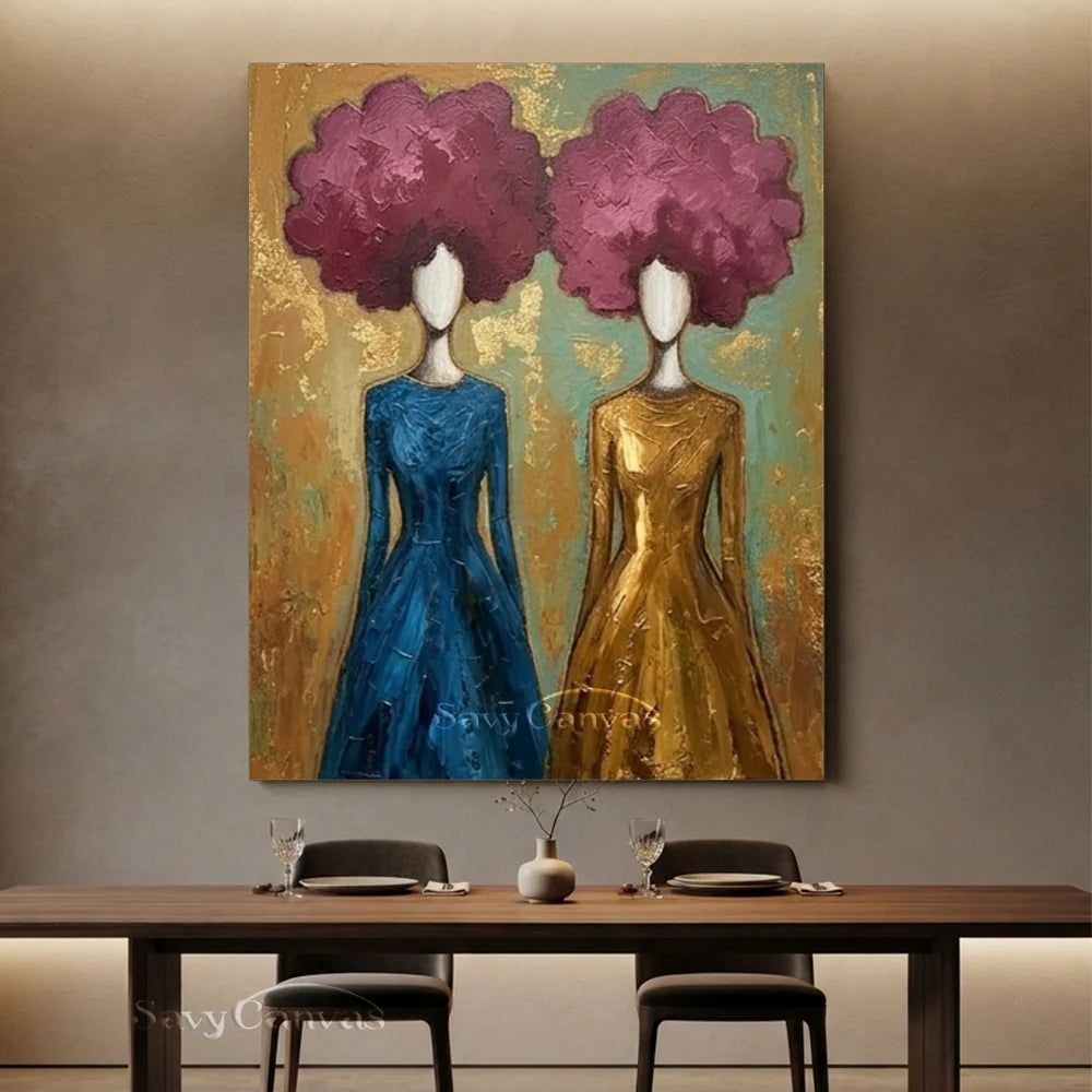 Blue and Gold Floral Abstract Figures Art #SS 297