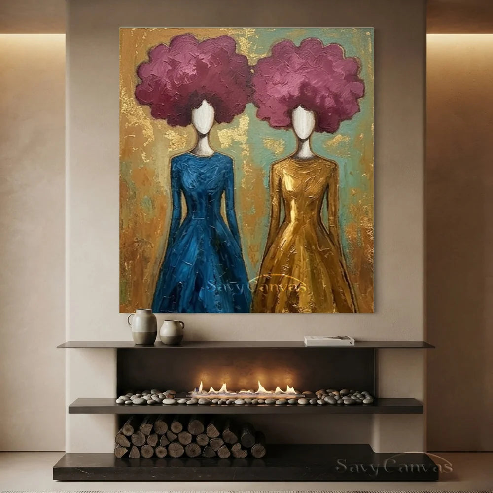 Blue and Gold Floral Abstract Figures Art #SS 297