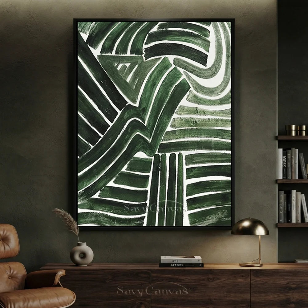 Handmade Green Abstract Art with Dynamic Brushstrokes Wall Decor #TC 032
