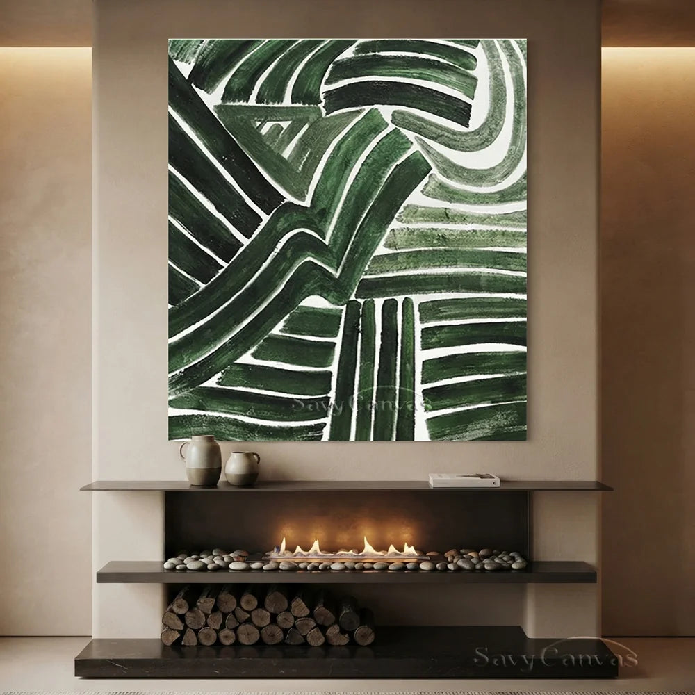 Handmade Green Abstract Art with Dynamic Brushstrokes Wall Decor #TC 032