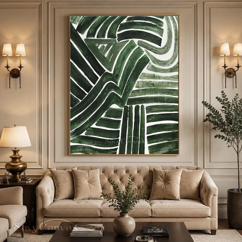 Handmade Green Abstract Art with Dynamic Brushstrokes Wall Decor #TC 032