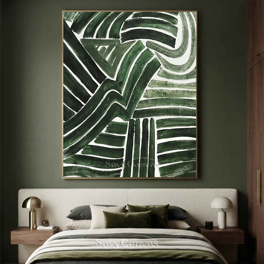 Handmade Green Abstract Art with Dynamic Brushstrokes Wall Decor #TC 032