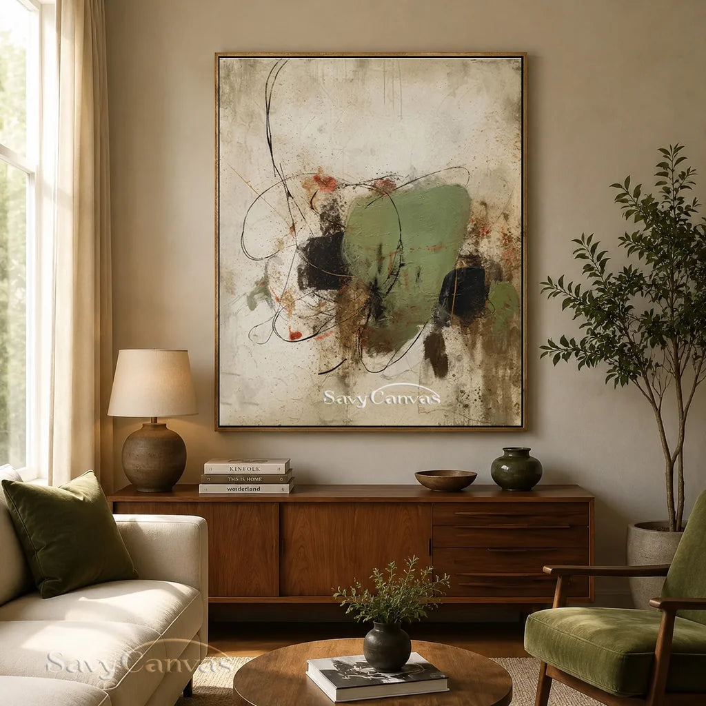 Expressive Abstract Canvas Painting | Green Neutral Mixed Media Art #JJ 077
