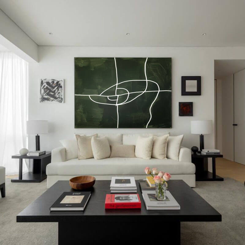 Dark Green Minimalist Wall Art | Abstract White Line Canvas #AA 370