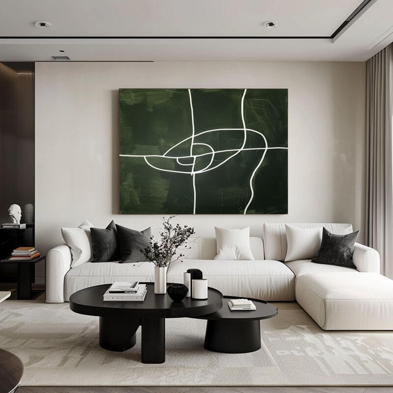 Dark Green Minimalist Wall Art | Abstract White Line Canvas #AA 370