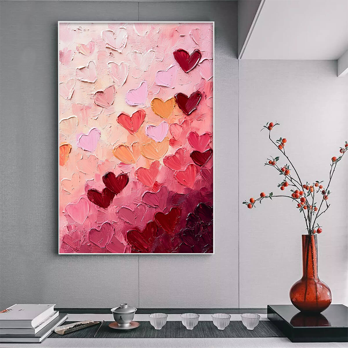 Abstract Falling Hearts Painting | Pink & Red Wall Decor