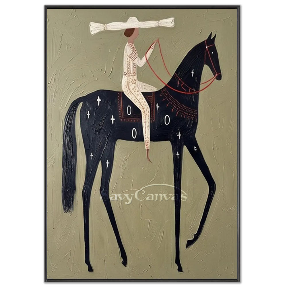 A 100% handmade modernist abstract oil painting featuring a textured sage green background, depicting a stylized black stallion with elongated legs and white cross markings, ridden by a figure wearing a large wide-brimmed white hat holding bright red reins