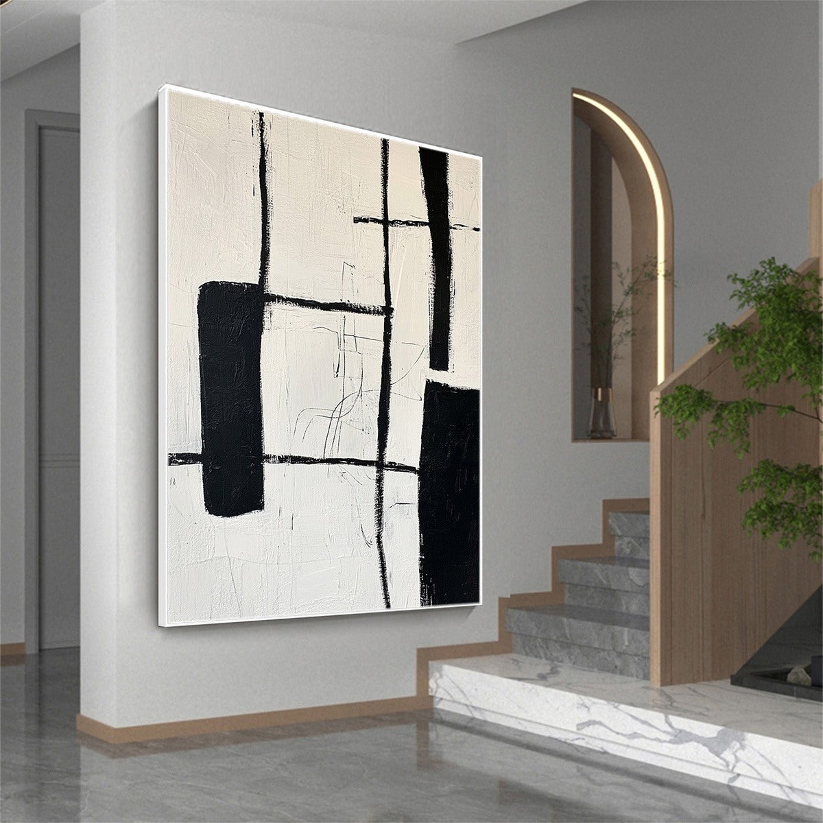 Minimalist Black and White Abstract Wall Art | Geometric Line Canvas #AA 338