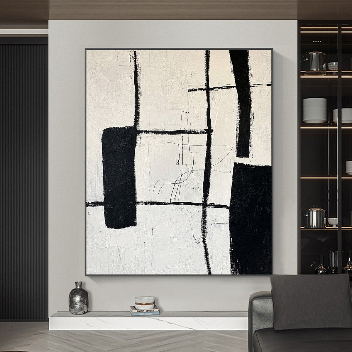  Industrial Style Abstract Painting | Textured Black Lines on White
