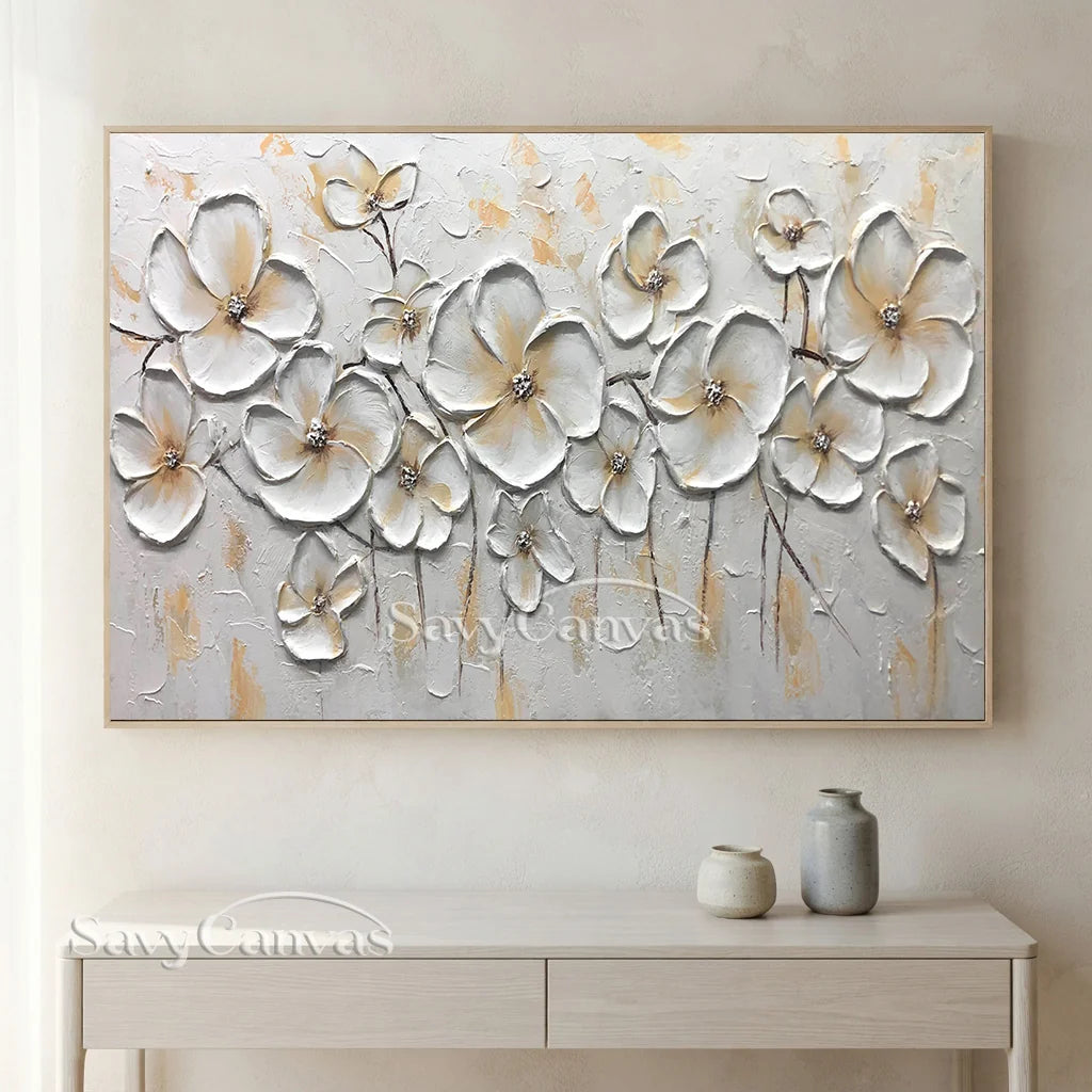 Impasto White Flower Painting | Palette Knife Art with Gold #AA 174