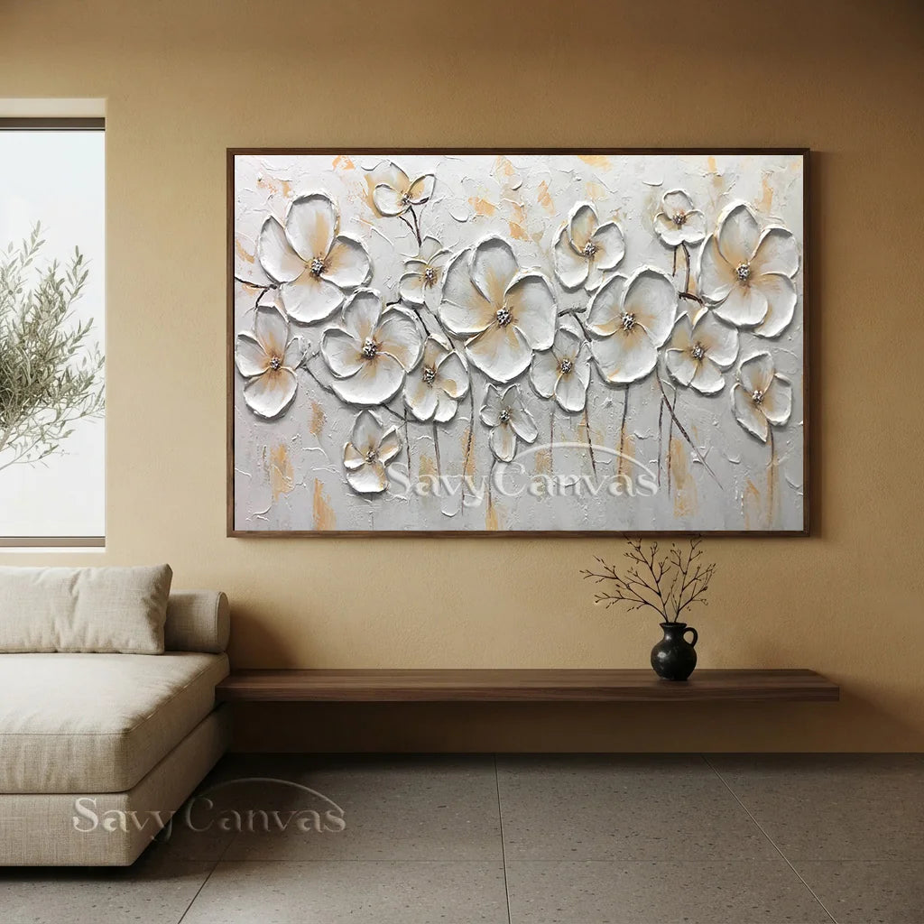 Impasto White Flower Painting | Palette Knife Art with Gold #AA 174