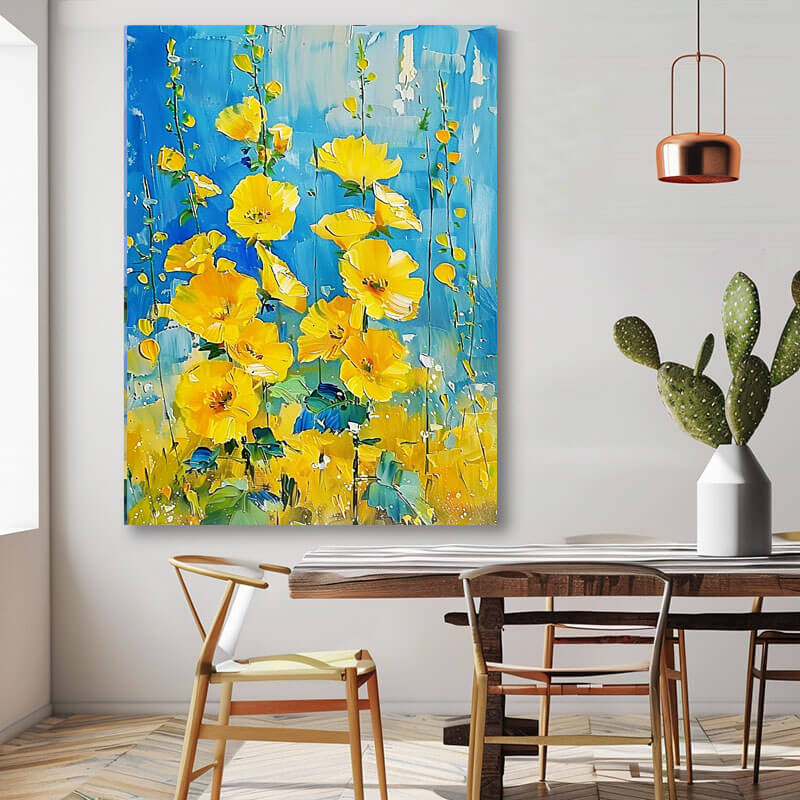 Vibrant Yellow Flower Painting | Blue Abstract Floral Art #AA 055
