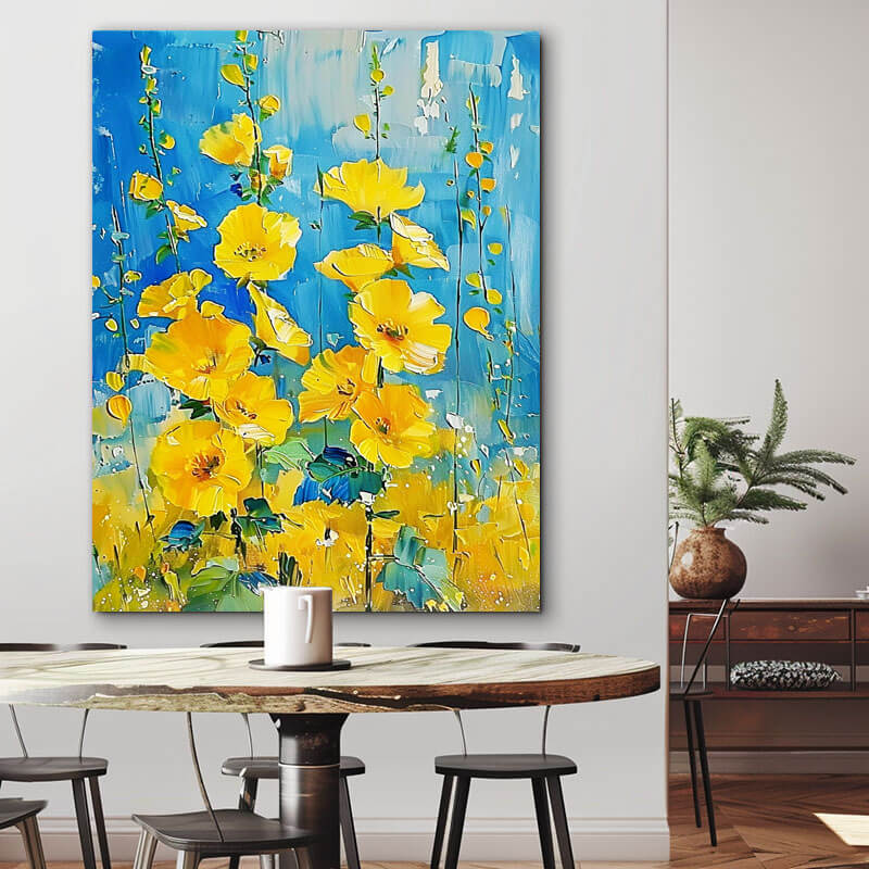 Vibrant Yellow Flower Painting | Blue Abstract Floral Art #AA 055