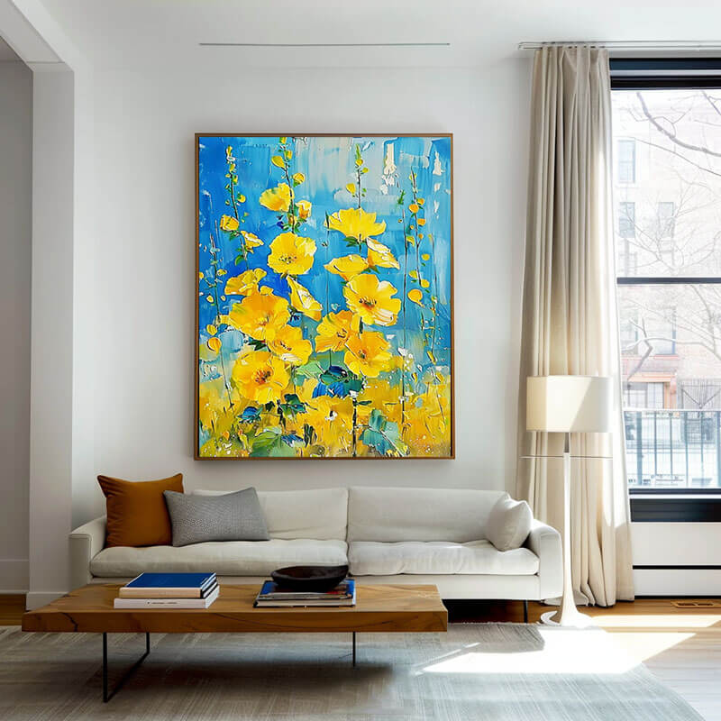 Vibrant Yellow Flower Painting | Blue Abstract Floral Art #AA 055