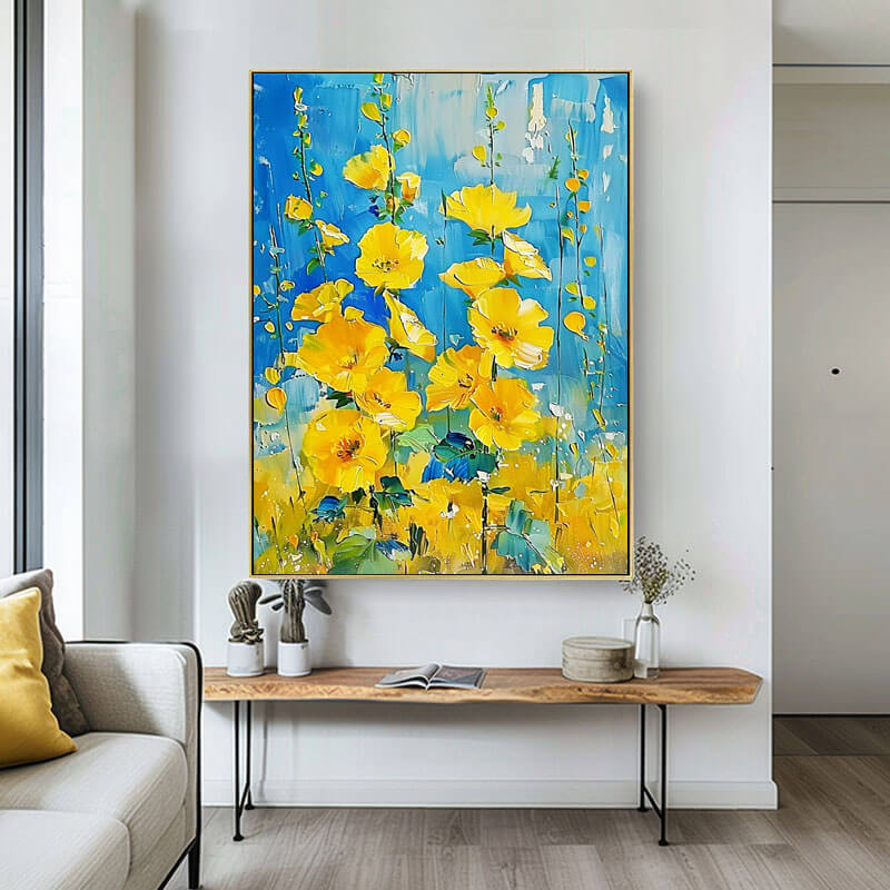 Vibrant Yellow Flower Painting | Blue Abstract Floral Art #AA 055