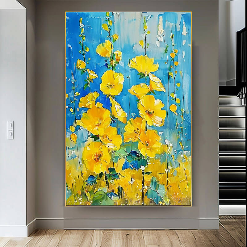 Vibrant Yellow Flower Painting | Blue Abstract Floral Art #AA 055