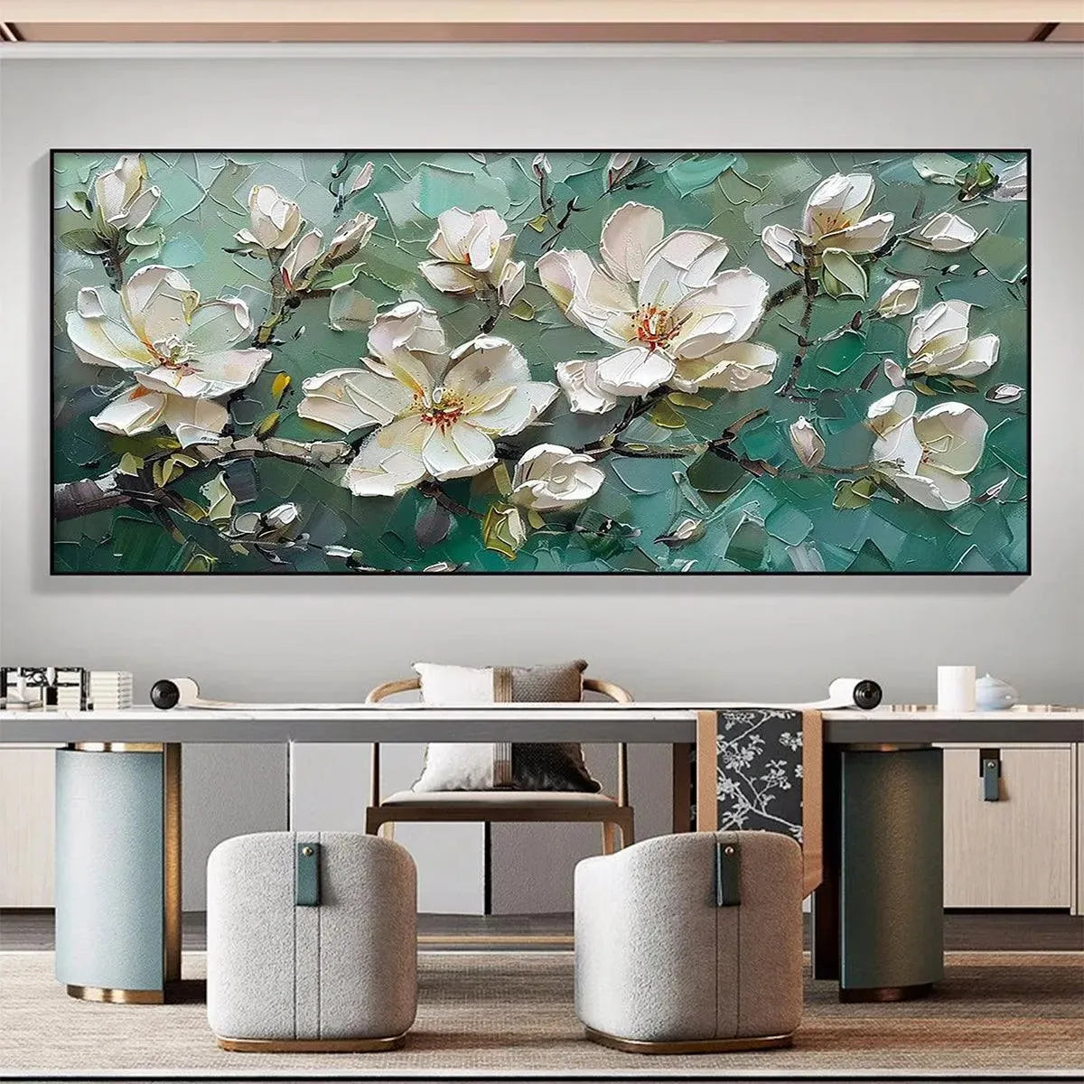 Panoramic White Magnolia Painting | Elegant Floral Wall Art