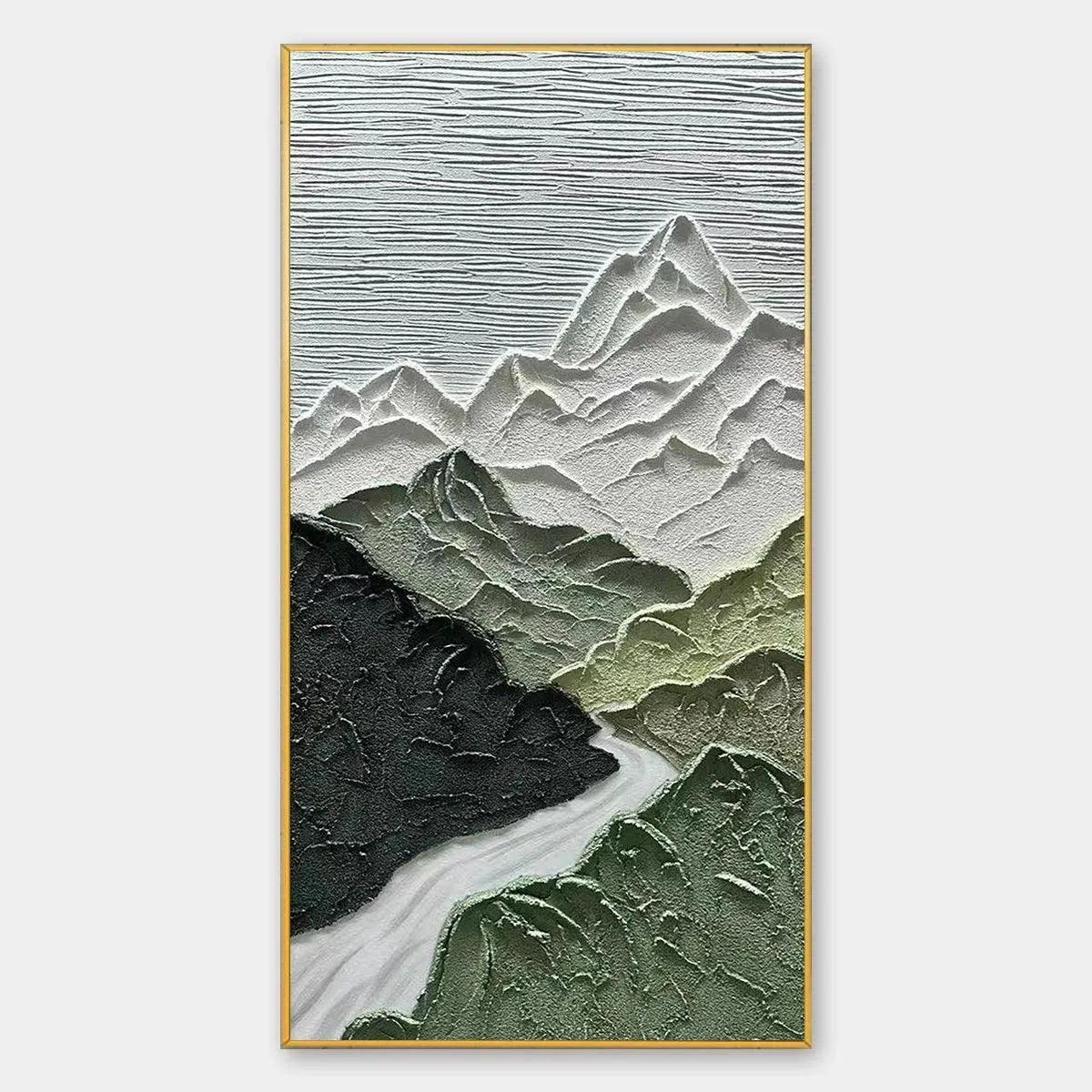 Vertical Mountain River Painting | Textured Green Landscape Art#TC 266