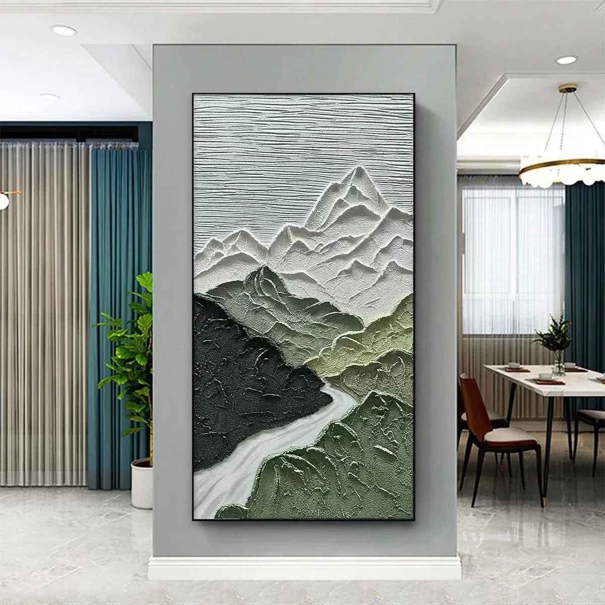 Jade Green Textured Landscape Art | Vertical Mountain Painting