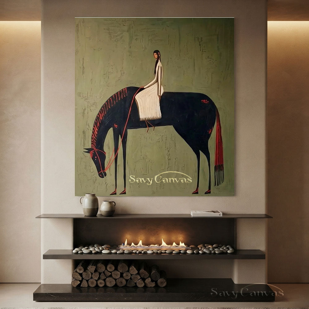 Vintage Black Horse Rider Textured Oil Painting #SS 211