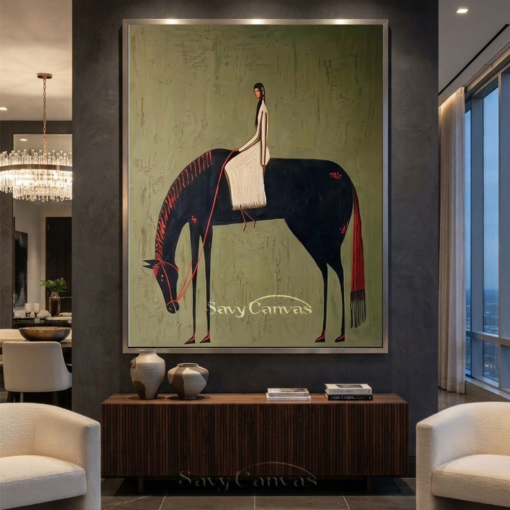 Vintage Black Horse Rider Textured Oil Painting #SS 211