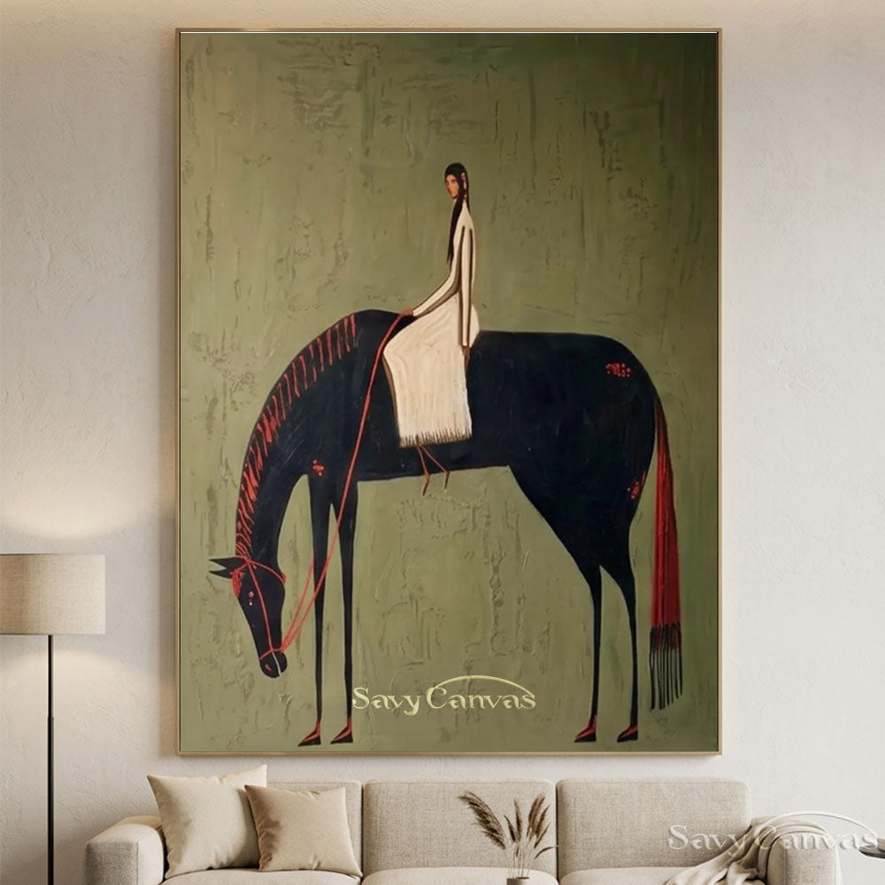 Vintage Black Horse Rider Textured Oil Painting #SS 211