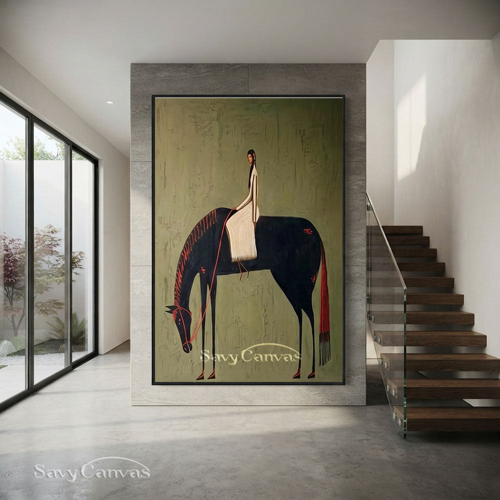 Vintage Black Horse Rider Textured Oil Painting #SS 211