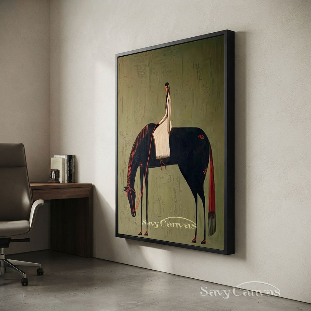 Vintage Black Horse Rider Textured Oil Painting #SS 211