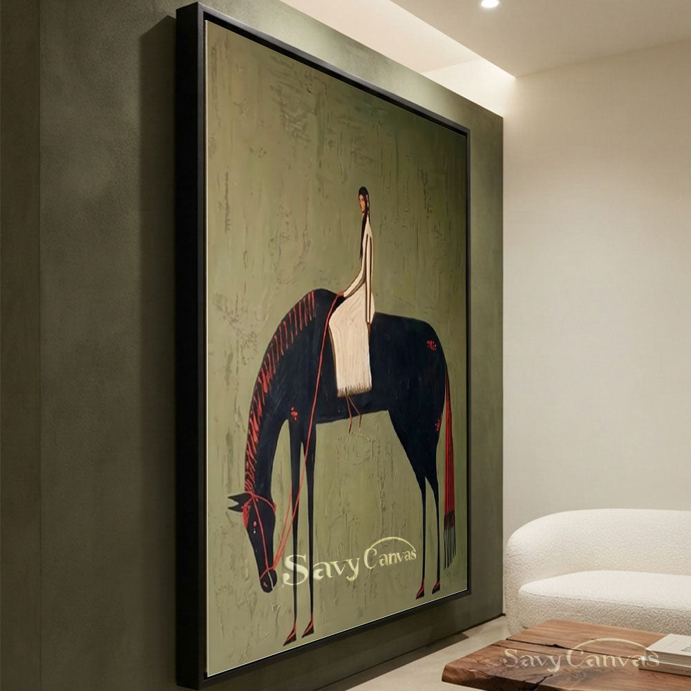 Vintage Black Horse Rider Textured Oil Painting #SS 211