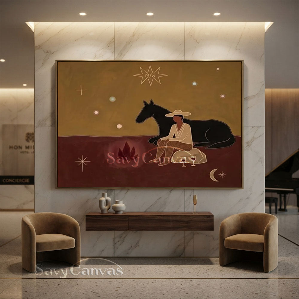Hand-painted abstract oil painting in a minimalist Japandi style, depicting a Black cowboy resting on a rock by a glowing campfire next to a lying black horse under a starry night sky with earthy ochre and terracotta tones.
