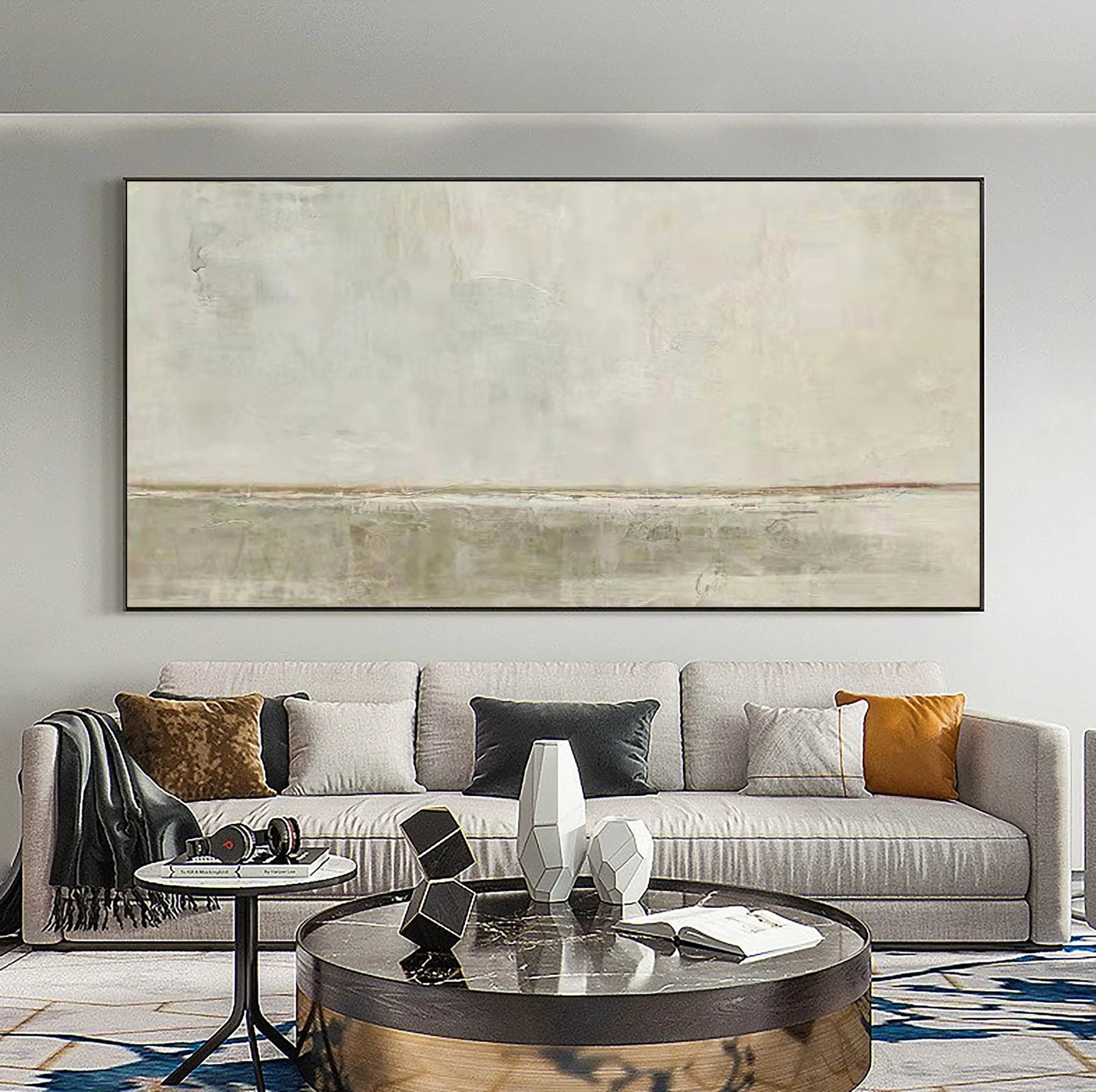 Modern Minimalist Landscape Abstract Oil Painting - Beige and Grey #JJ 104